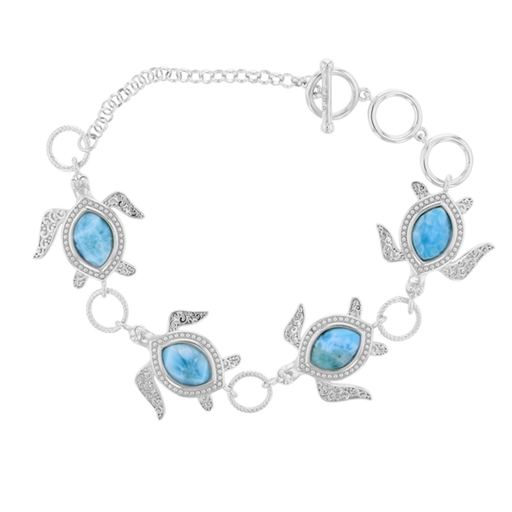 925 Sterling Silver Larimar Turtle with Scroll Design Toggle Bracelet 8"